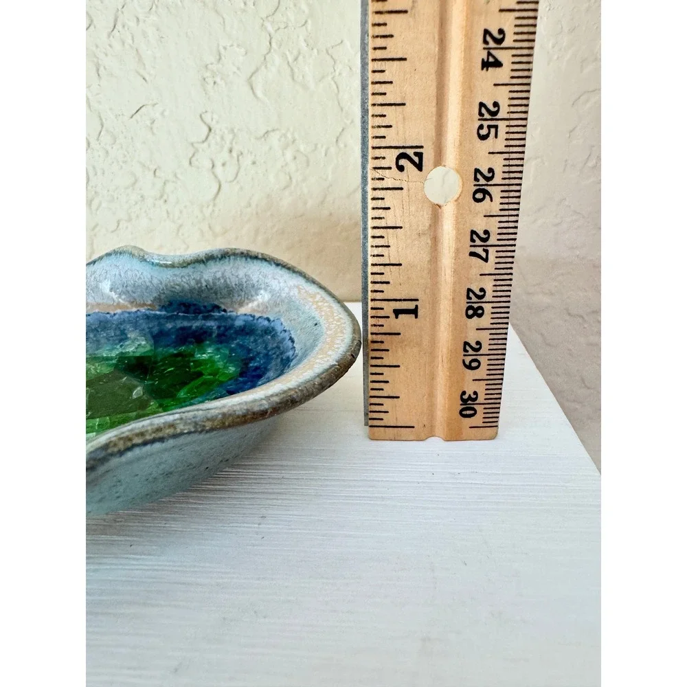 Handmade Studio Pottery Heart Dish Green Crystal Glaze Geode Ring Dish Trinket 3